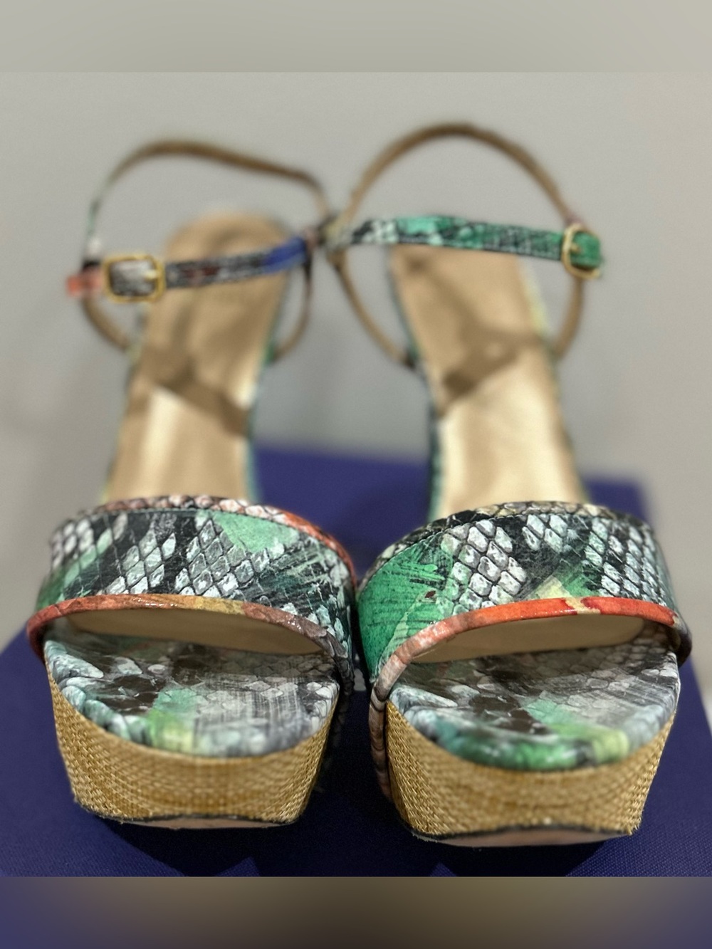 Stuart Weitzman Green Snake-Print Platform Sandals with Orange Accents